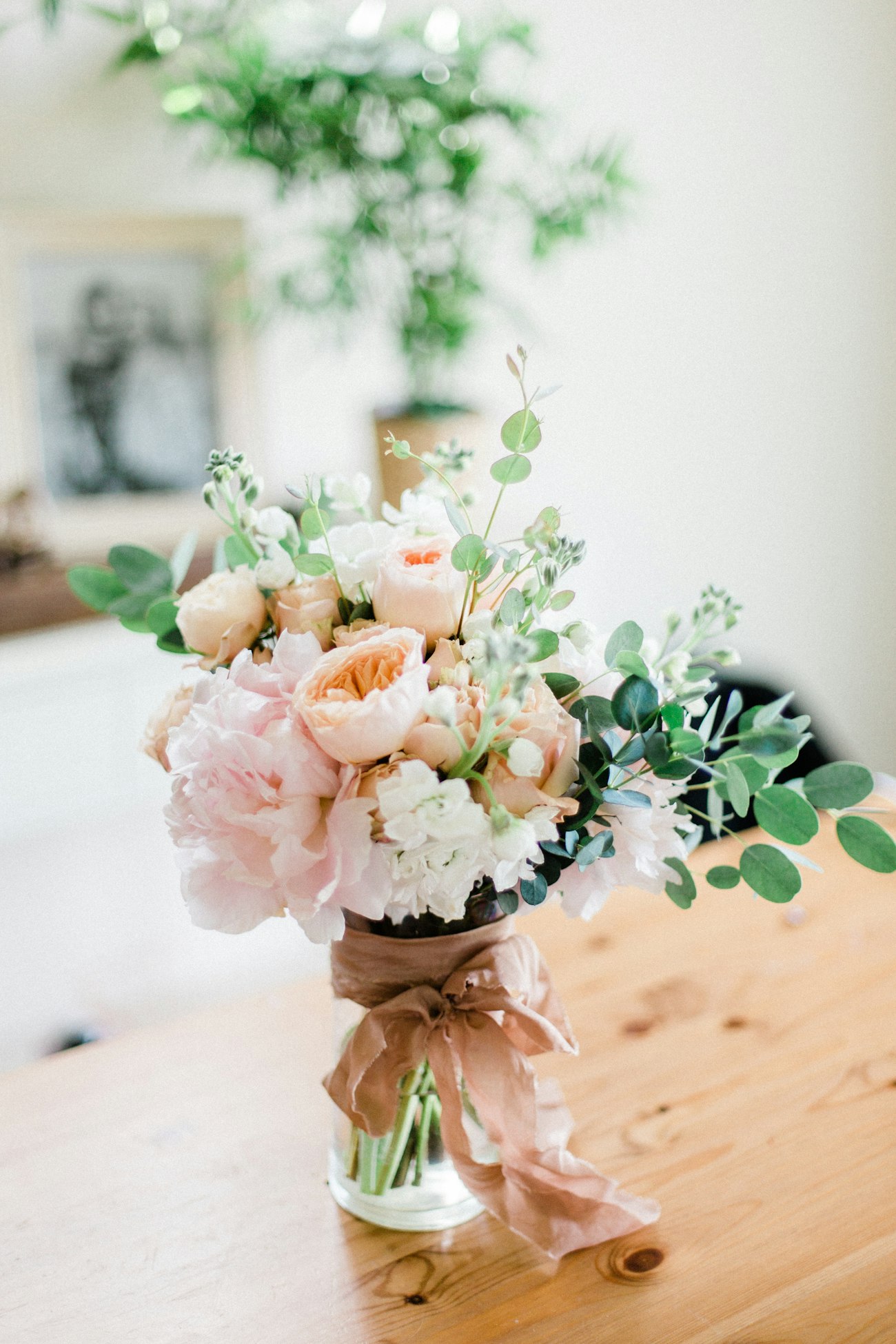 A pastel bouquet tied with silk ribbon