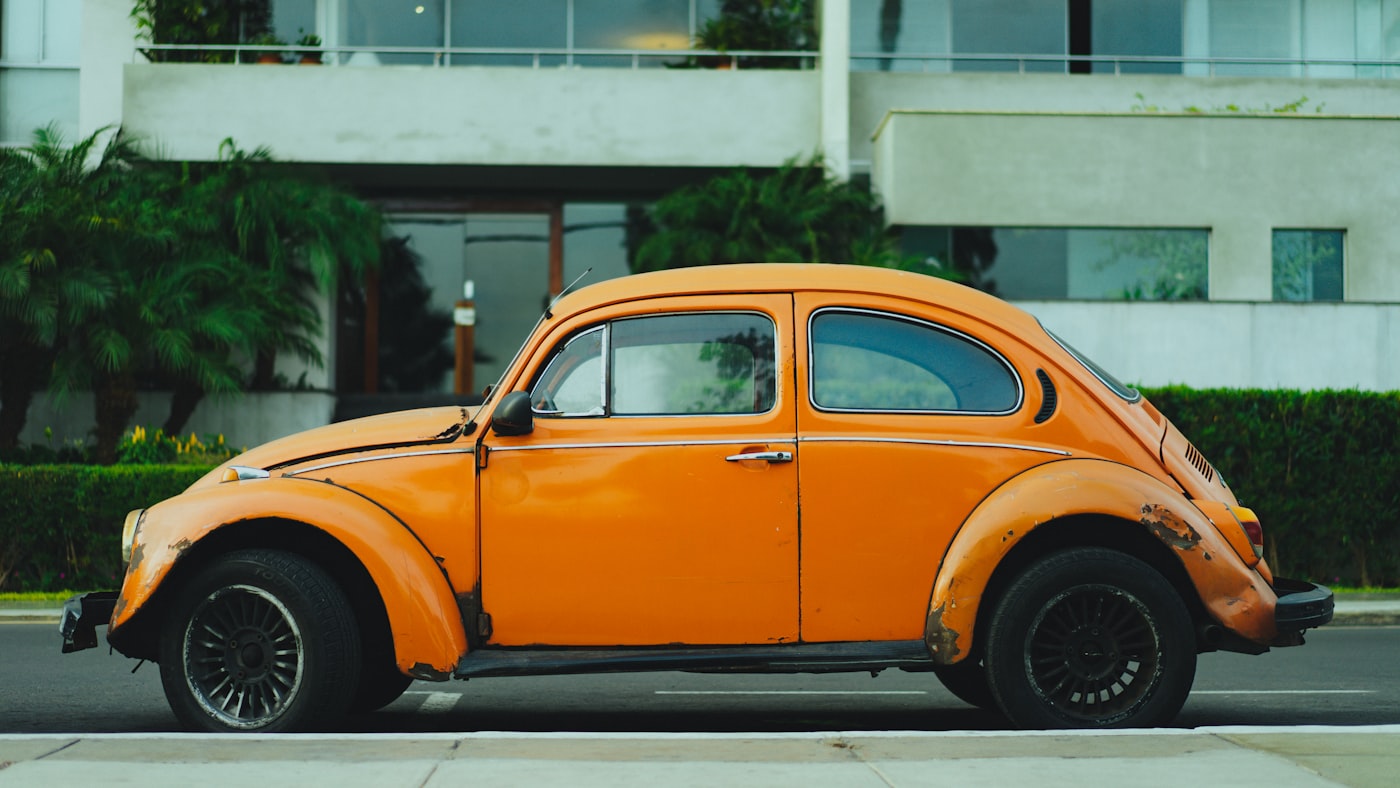 The ’68 Beetle, fresh out of the bay — side profile, patina intact